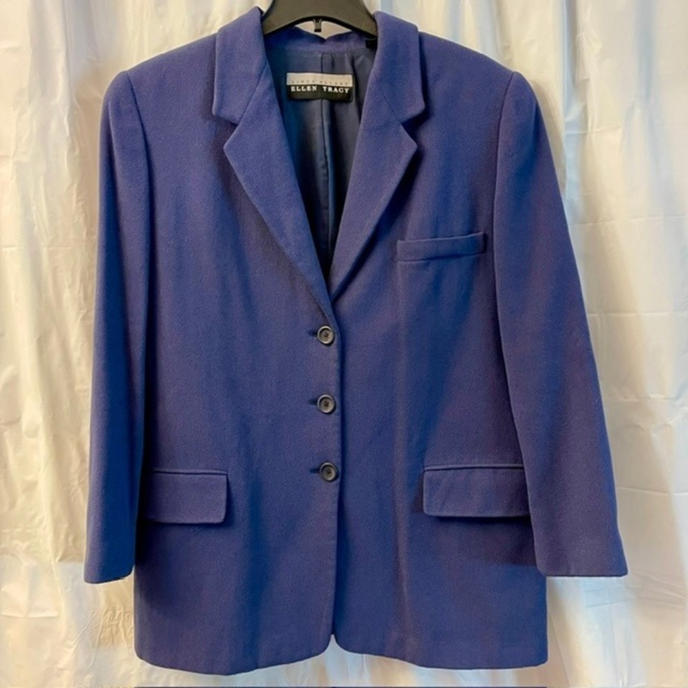VTG Linda Allard Ellen Tracy Navy Blue Wool Cashmere Tailored Blazer Jacket 12